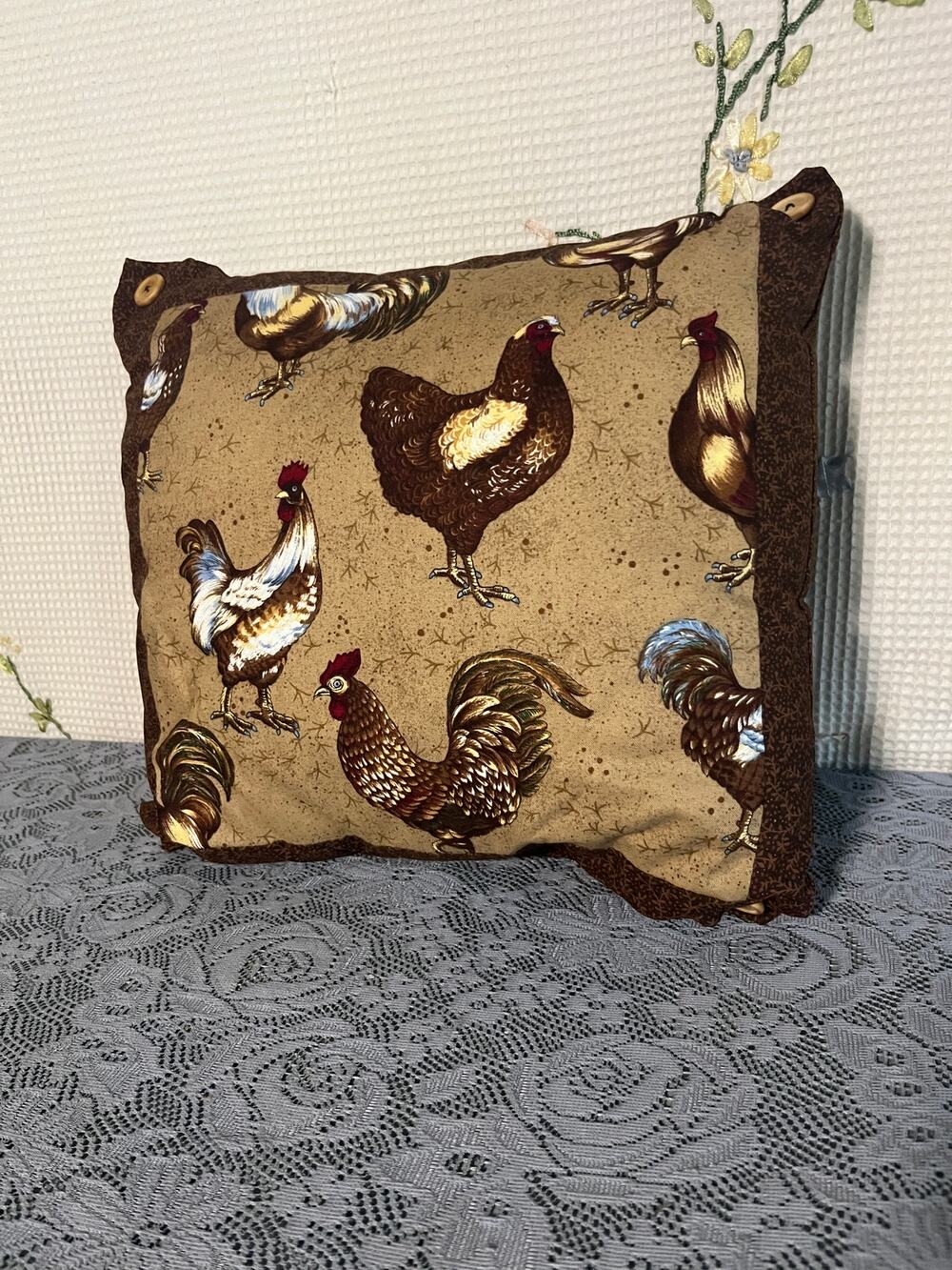 Handmade Rooster Chicken Print Accent Throw Pillow Farmhouse Country Decor
